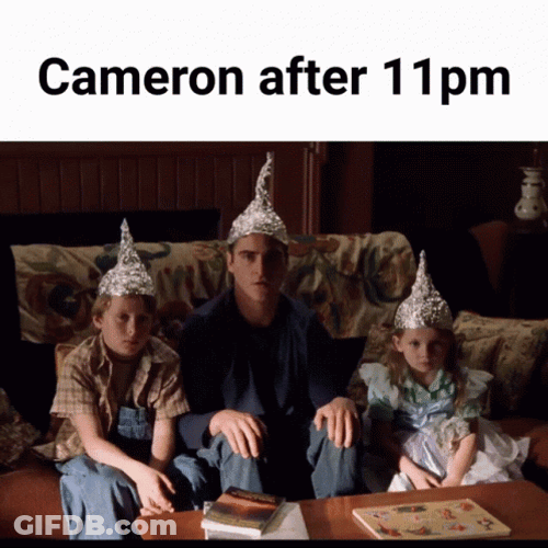 Cameron After 11 Wearing Tinfoil Hat GIF