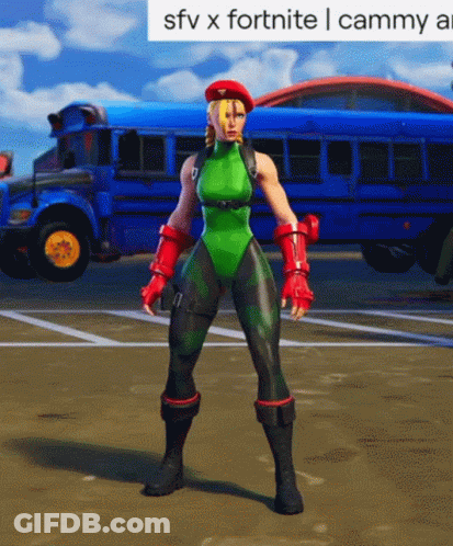 Cammy From Street Fighter Is Standing In Front Of A Blue Bus GIF