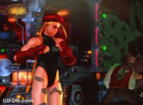 Cammy From Street Fighter Standing In Front Of Man In Red Jacket GIF