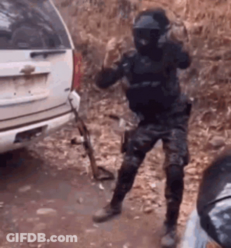 Camouflage Man Holding Gun By White Van GIF