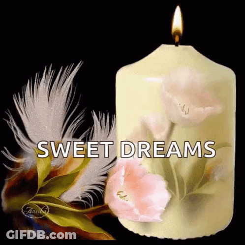 Candle With Flowers And Feathers Saying Sweet Dreams GIF
