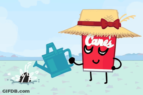 Cane's Can With Straw Hat And Blue Watering Can GIF