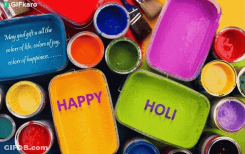 Cans Of Paint With Happy Holi Message GIF