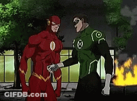 Caped Man Looking At Man In Red Circle With Arrow GIF