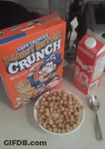 Capn Crunch Peanut Butter Crunch Next To Bowl Of Cereal GIF