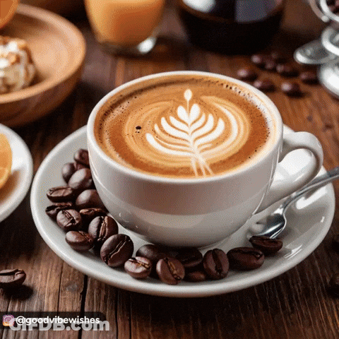Cappuccino On Saucer With Coffee Beans On Wooden Table GIF