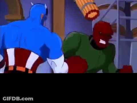 Captain America And Red Skull Are Fighting Each Other In A Room In A Cartoon . GIF