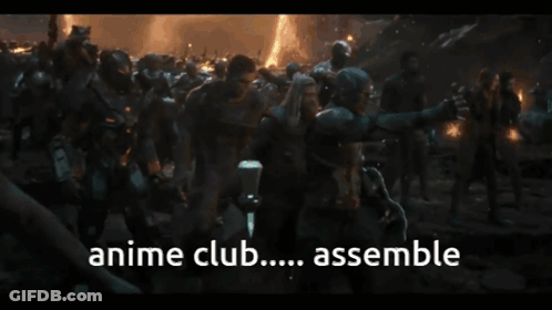 Captain America Is Holding A Hammer And The Words Anime Club Assemble Are Above Him GIF