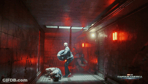 Captain America The Winter Soldier Poster Man Walking Through Dark Room GIF