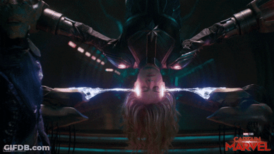 Captain Marvel Hanging Upside Down GIF