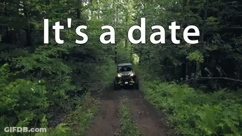 Car Driving Dirt Road In Woods Saying It's A Date GIF