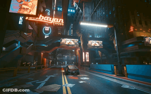 Car Driving Past Bayar Foods Sign GIF