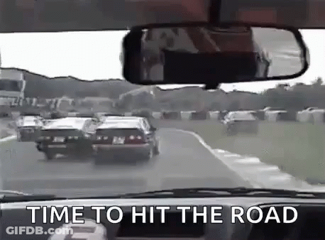 Car Driving Wet Road Saying Time To Hit The Road GIF