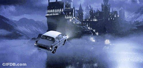 Car Flying Near Castle GIF