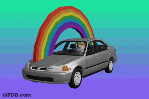 Car With Rainbow And Cat In Back GIF