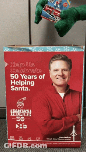 Cardboard Box Saying Help Us Celebrate 50 Years Of Helping Santa GIF