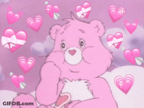 Care Bear Surrounded By Pink Hearts On Purple Background GIF