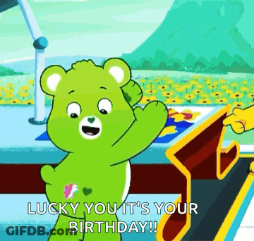 Care Bear Waving Saying Lucky You It's Your Birthday GIF