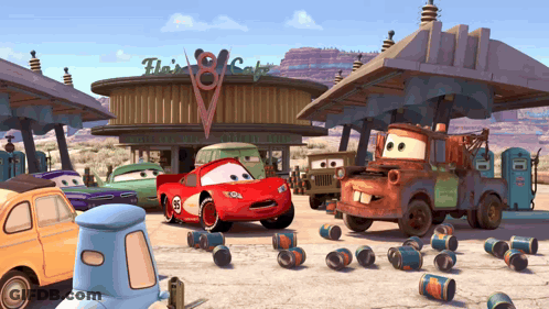 Cars Gathered At Flair 8 Cafe Gas Station GIF