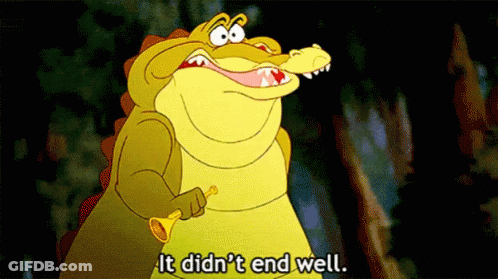 Cartoon Alligator Holding Trumpet Saying It Didn't End Well GIF