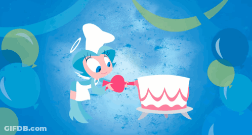 Cartoon Angel Decorating Cake With Balloons GIF