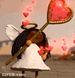 Cartoon Angel Holding Heart Stick With Flying Hearts GIF
