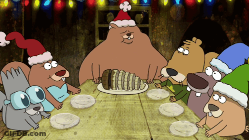 Cartoon Animals In Santa Hats Eating Around Table GIF