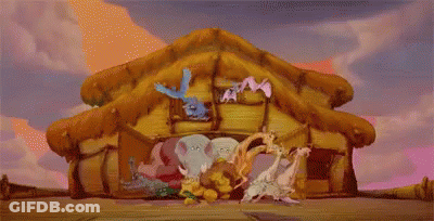 Cartoon Animals Standing In Front Of House GIF