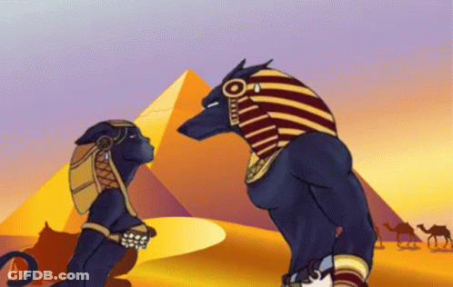 Cartoon Anubis And Sphinx At Pyramids GIF