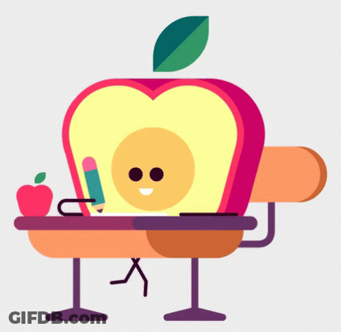Cartoon Apple Sitting At Desk With Pencil GIF
