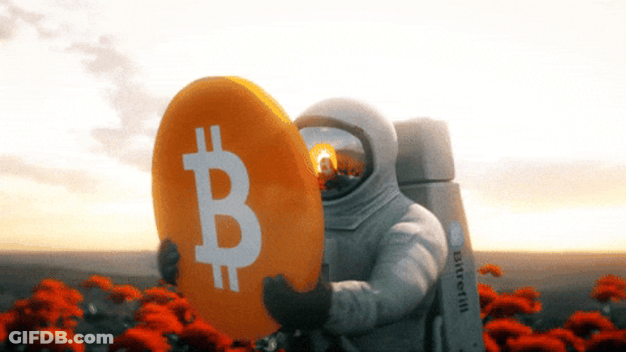 Cartoon Astronaut Holding Giant Bitcoin GIF