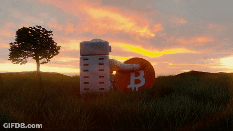 Cartoon Astronaut Sitting Beside Giant Bitcoin GIF
