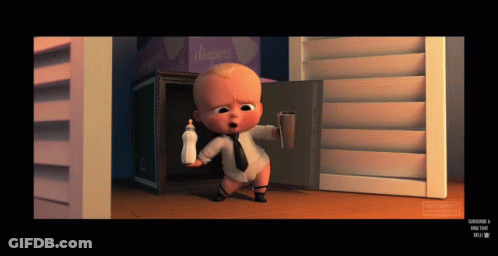 Cartoon Baby Holding Bottle And Cup In Front Of Diaper Box GIF