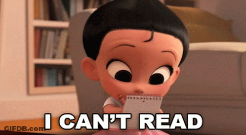 Cartoon Baby Holding Notebook Saying I Can't Read GIF