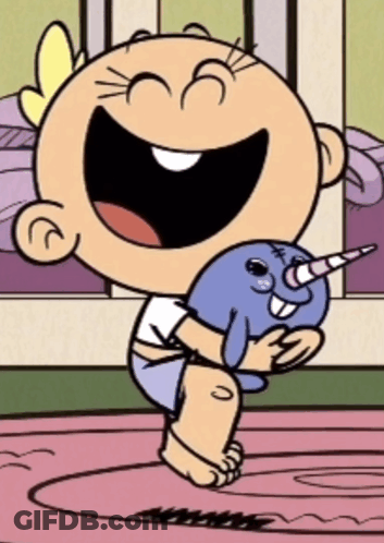 Cartoon Baby Holding Stuffed Animal With Horn GIF