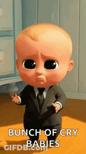 Cartoon Baby In Suit And Tie Standing On Wooden Floor GIF