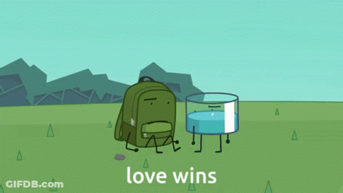 Cartoon Backpack And Glass Of Water Love Wins GIF