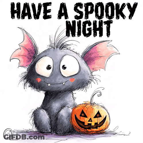 Cartoon Bat Sitting Next To Pumpkin Saying Have A Spooky Night GIF
