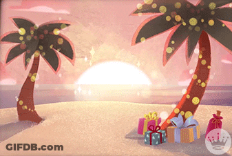 Cartoon Beach With Palm Trees And Gifts GIF