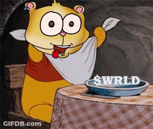 Cartoon Bear At Table With Towel Saying Swrld GIF