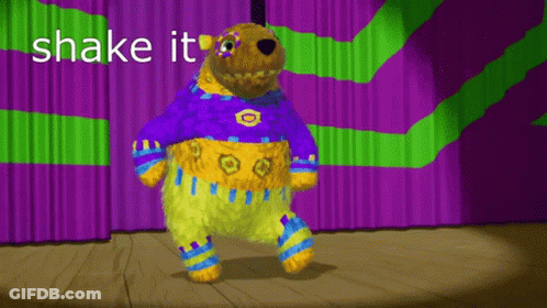 Cartoon Bear Dancing Shake It Purple Green Curtain GIF