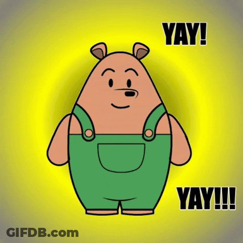 Cartoon Bear In Green Overalls Saying Yay GIF
