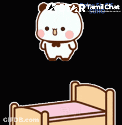 Cartoon Bear Next To Bed With Tamil Chat Logo GIF