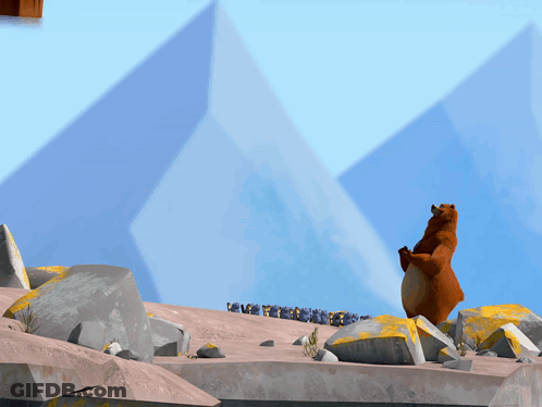 Cartoon Bear On Rocky Hillside With Penguins GIF