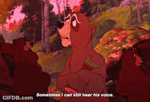Cartoon Bear Says Sometimes I Can Still Hear His Voice In Woods GIF