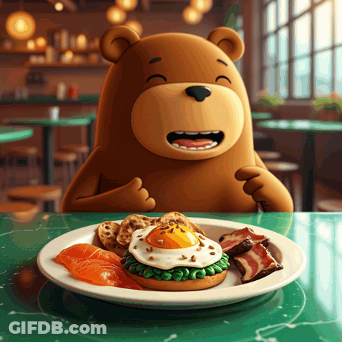 Cartoon Bear Sitting At Table With Food GIF