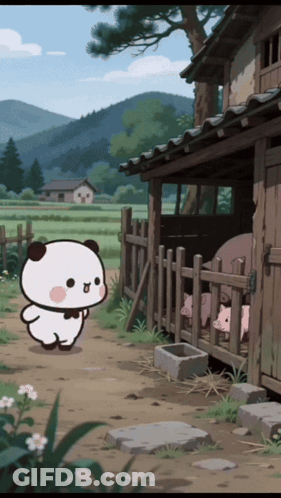 Cartoon Bear Standing In Front Of Pigs By Fence GIF