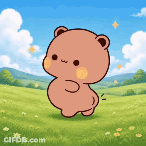 Cartoon Bear Standing In Grassy Field GIF