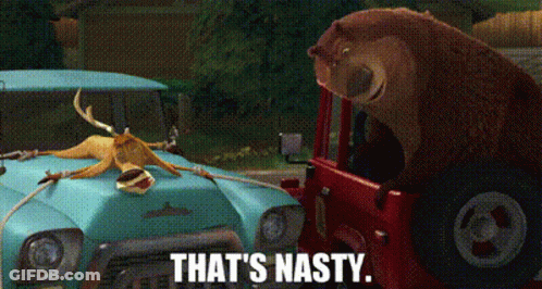Cartoon Bear Standing Next To Truck With Dead Deer GIF