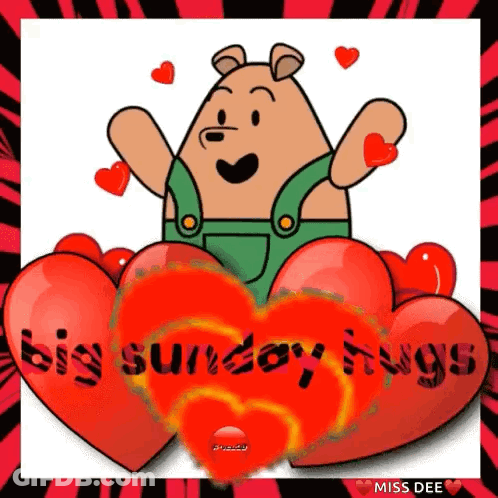 Cartoon Bear Surrounded By Hearts Big Sunday Hugs GIF